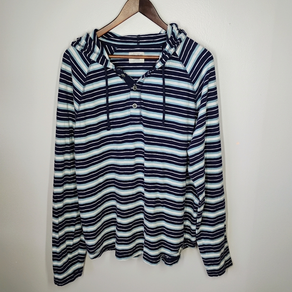 Lucky Brand Striped Henley Hoodie Shirt Mens Large Blue Nautical Casual‎ Comfy